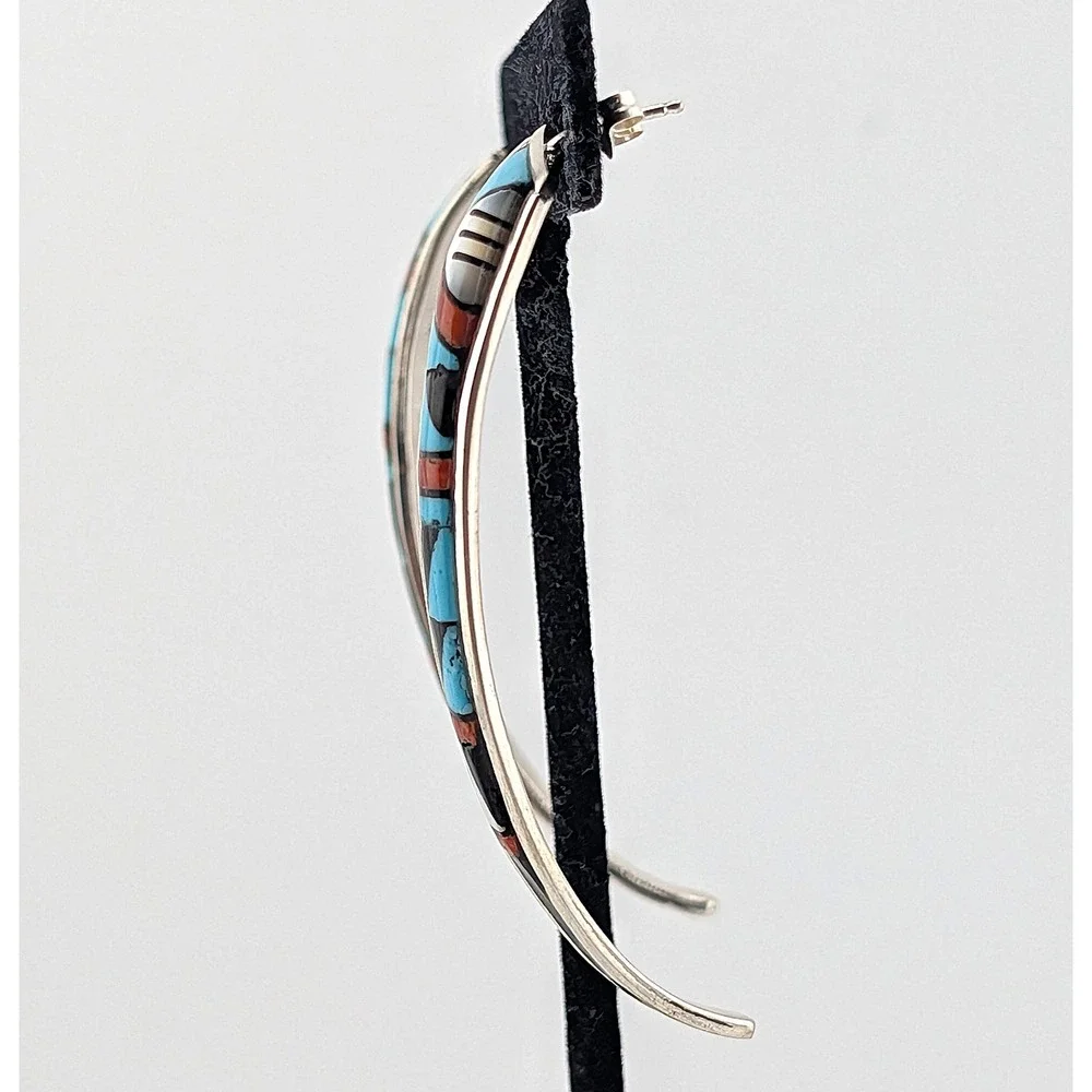 Zuni Turquoise coral Inlay Earrings 925 Sterling Silver Curved Signed P. Lucio *